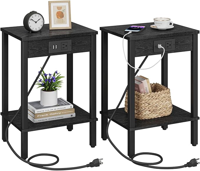 Set of 2 End Table with Charging Station, Narrow Side Table with USB Ports and Outlets,