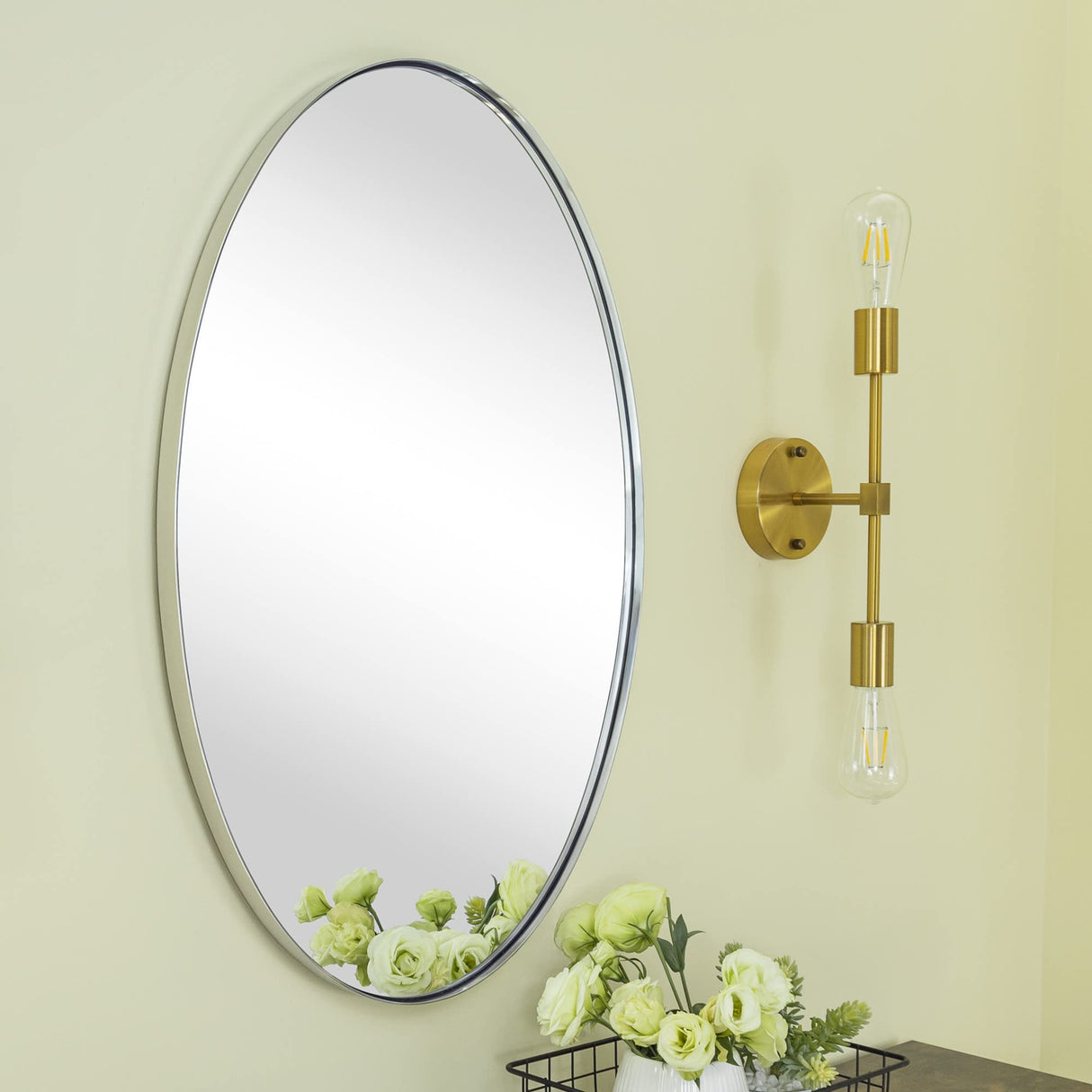 Oval Chrome Bathroom Mirror - 24x36 Inch Wall Mounted Vanity Mirror