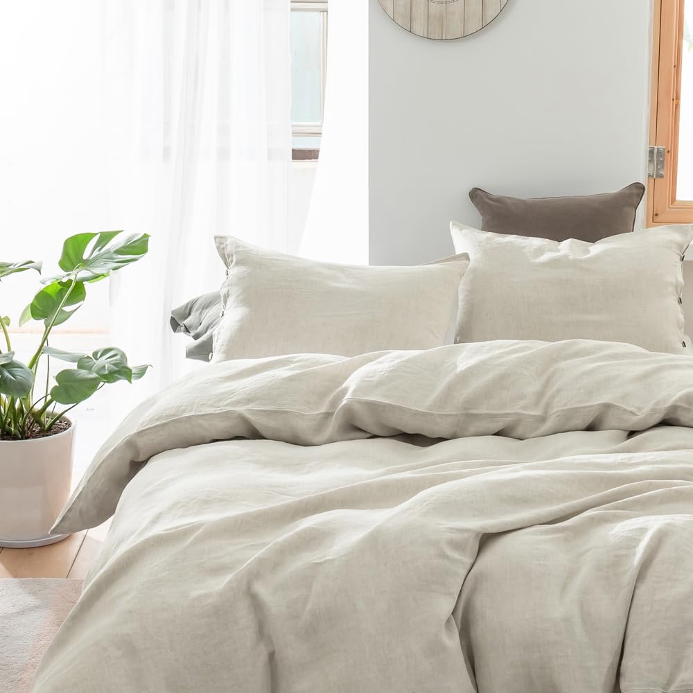 100% Linen Duvet Cover Set, 3 Pieces Belgian Flax Breathable Bedding, 1 Comforter