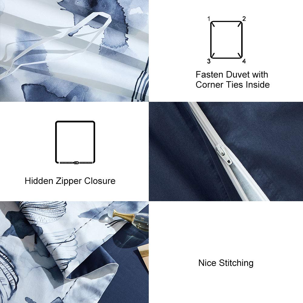 Mildly 100% Long Staple Cotton Duvet Cover Set Dark Blue Ginkgo Leaf Watercolor Comforter Cover Set