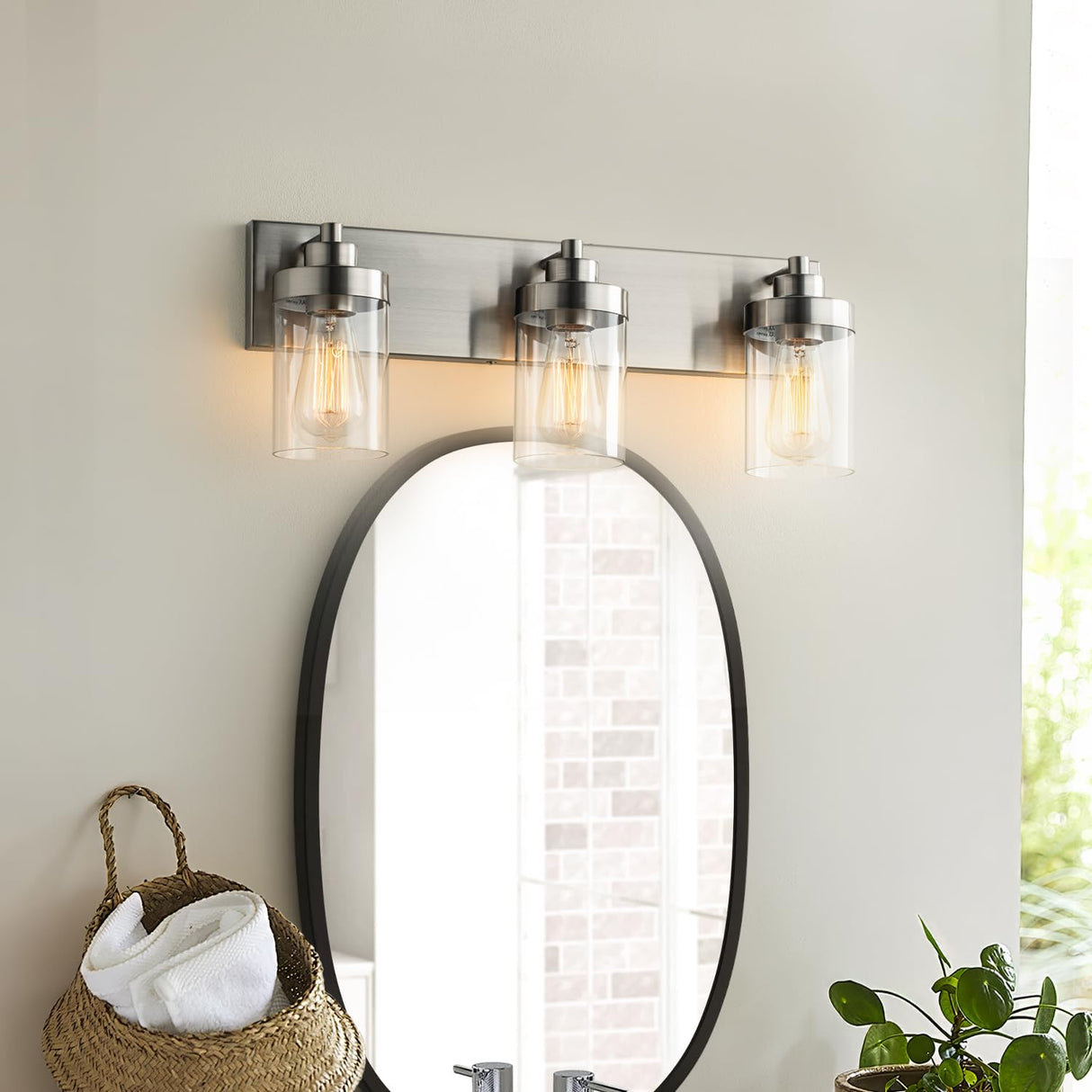 22" 3-Light Modern Bathroom Vanity Light with Clear Glass Shades Brushed Nickel Vanity Lighting