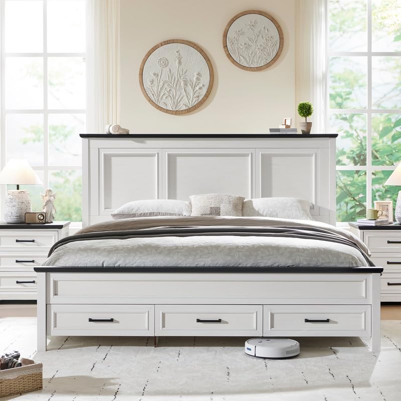 Farmhouse Queen Bed Frame with 52" Tall Headboard & Storage Drawers