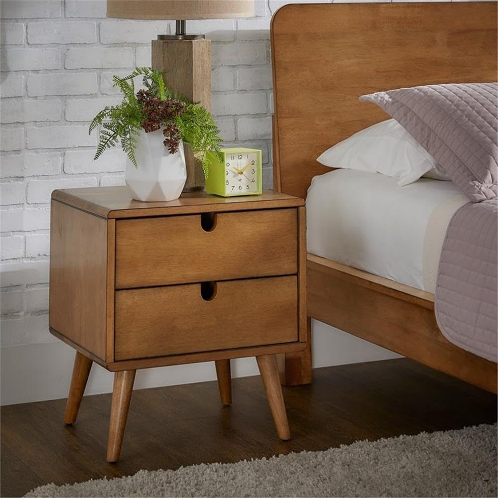 2-Drawer Mid-Century Rubberwood Nightstand in Natural Oak