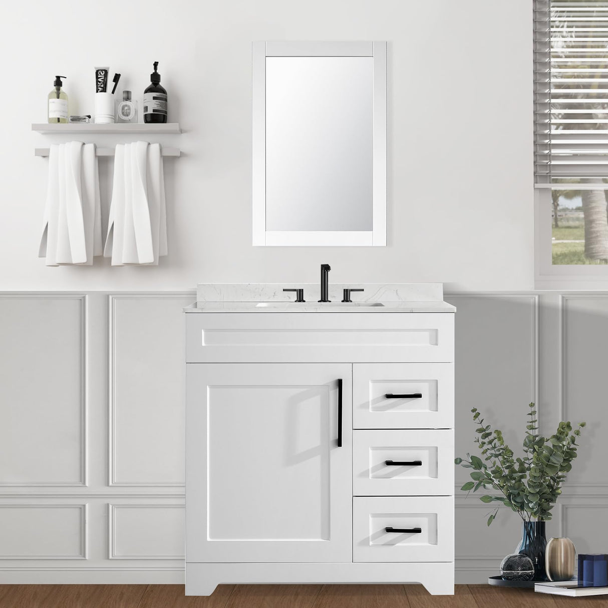 30" Bathroom Vanity with Sink, Engineered Stone Countertop&Undermount Center Rectangular Sink