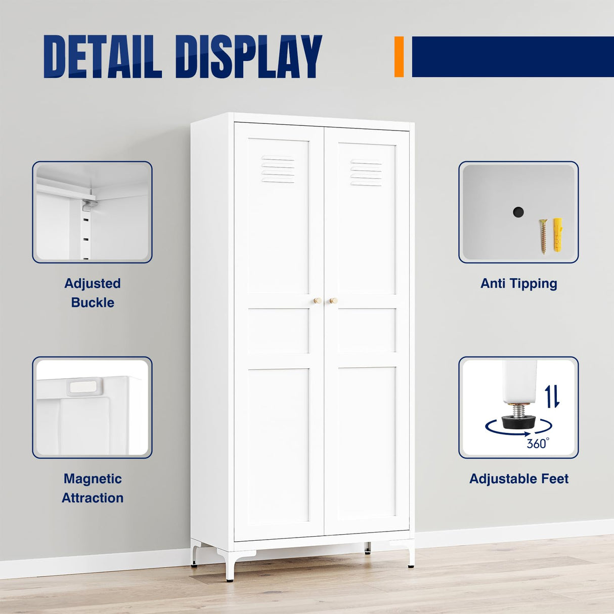 Metal Storage Cabinet with 2 Doors and 4 Adjustable Shelves - 61" White Locking