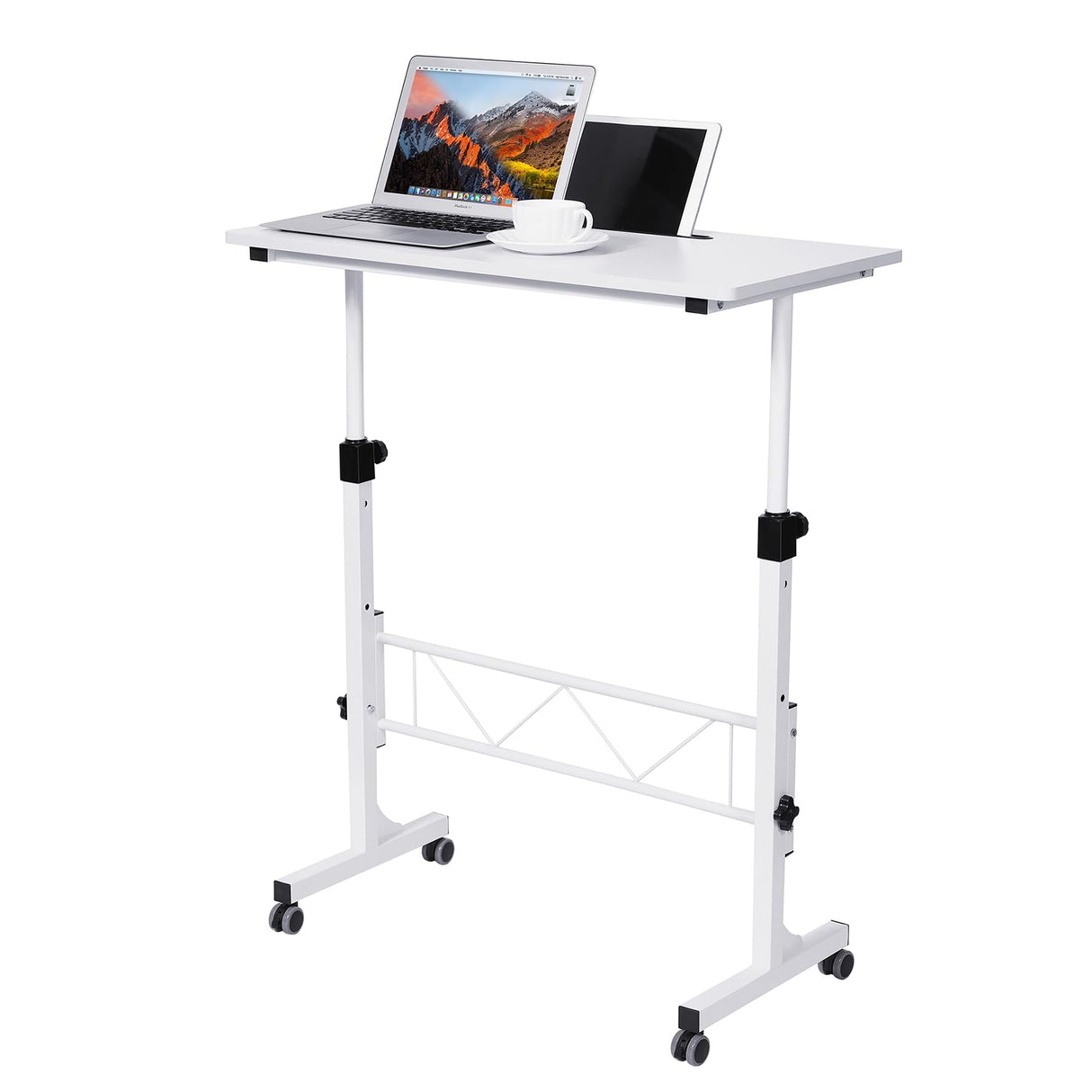 Desk Adjustable Height Portable Mobile Laptop Desk Treadmill Desk for Walk Rolling Wheel Desk Sit to Stand White