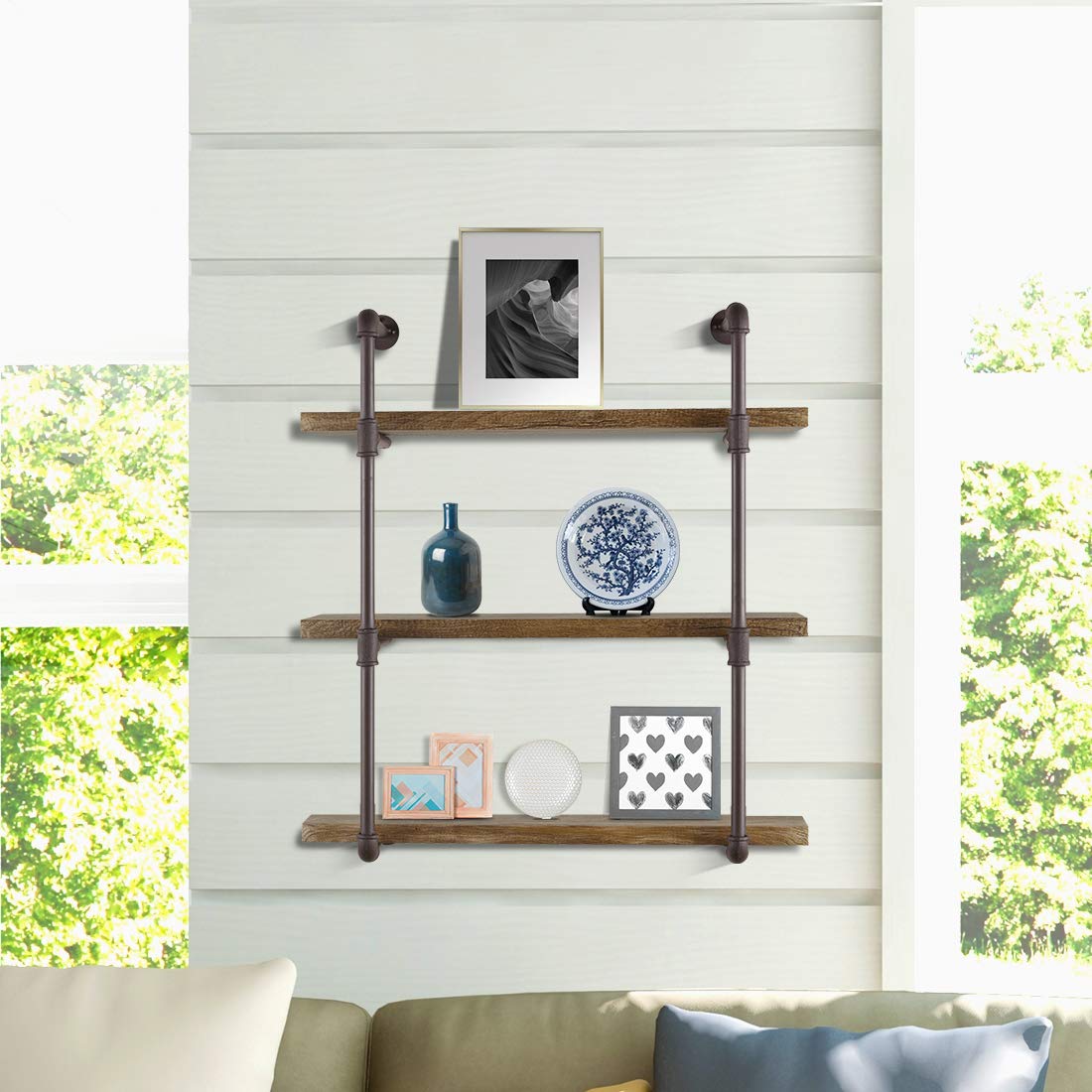 Decorative Floating 3-Tier Wall Mounted Hanging Pipe Shelves - Rustic