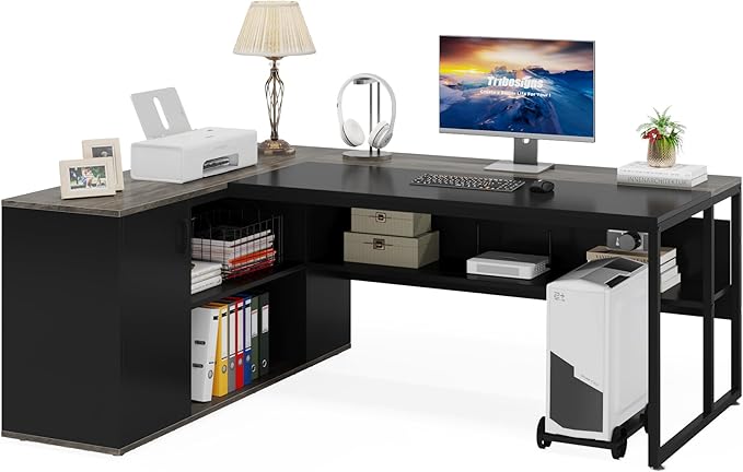Large Executive Desk with File Cabinet, 71 inch L Shaped Computer Desk Office Desk