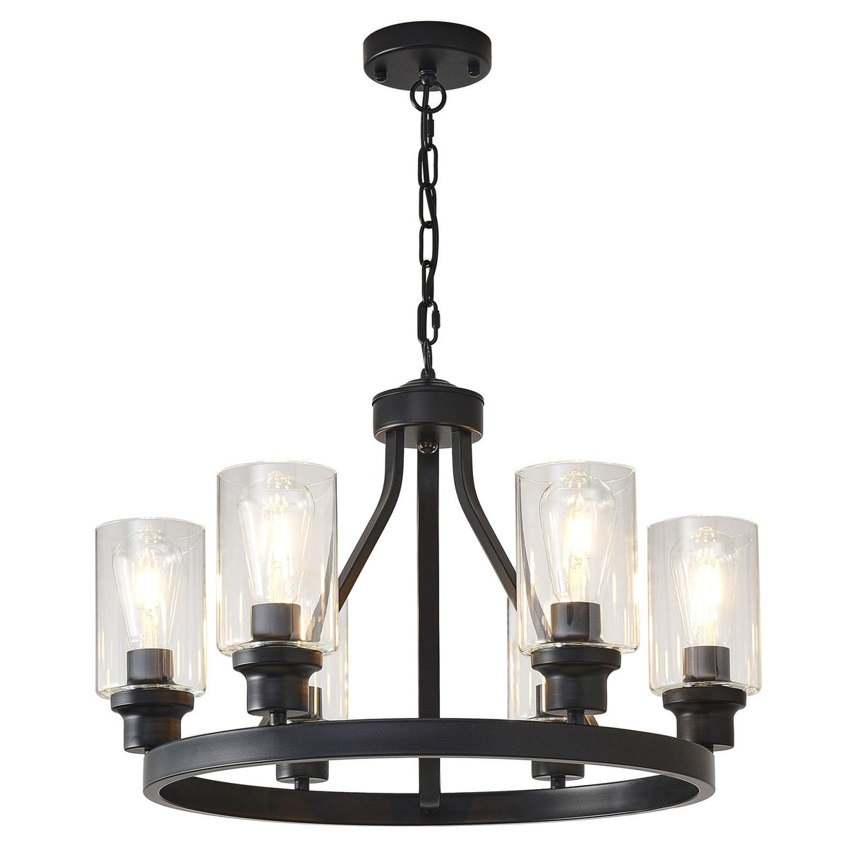 LOFTPLUS Farmhouse Chandelier 6-Light Black Dining Room Light Fixture with Glass Shade Ceiling Hanging Wagon Wheel Chandeliers for Living Room Kitchen Island Entryway Foyer