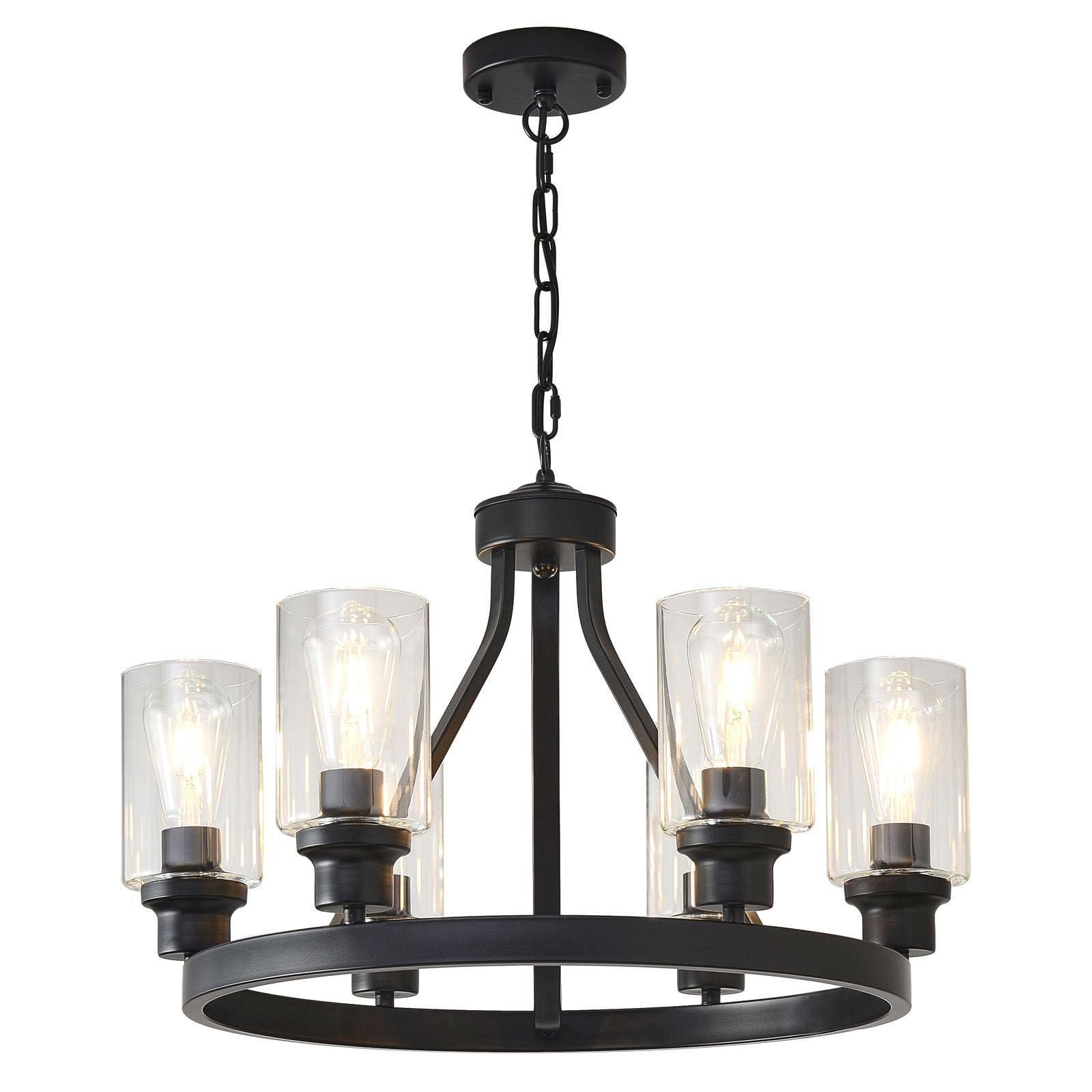 LOFTPLUS Farmhouse Chandelier 6-Light Black Dining Room Light Fixture with Glass Shade Ceiling Hanging Wagon Wheel Chandeliers for Living Room Kitchen Island Entryway Foyer