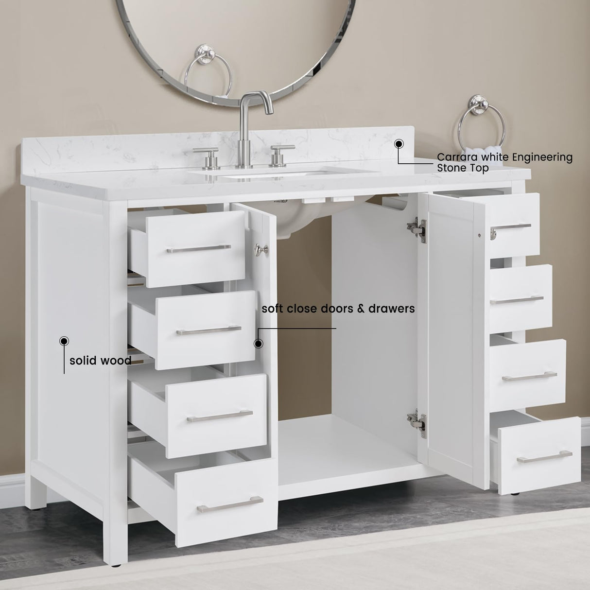 48" White Bathroom Vanity with Sink, Solid Wood Vanity Cabinet