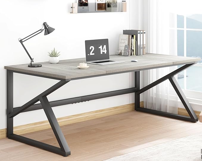 Long Desks for Home Office, Large Metal Wooden Computer Desk for 2 Monitors