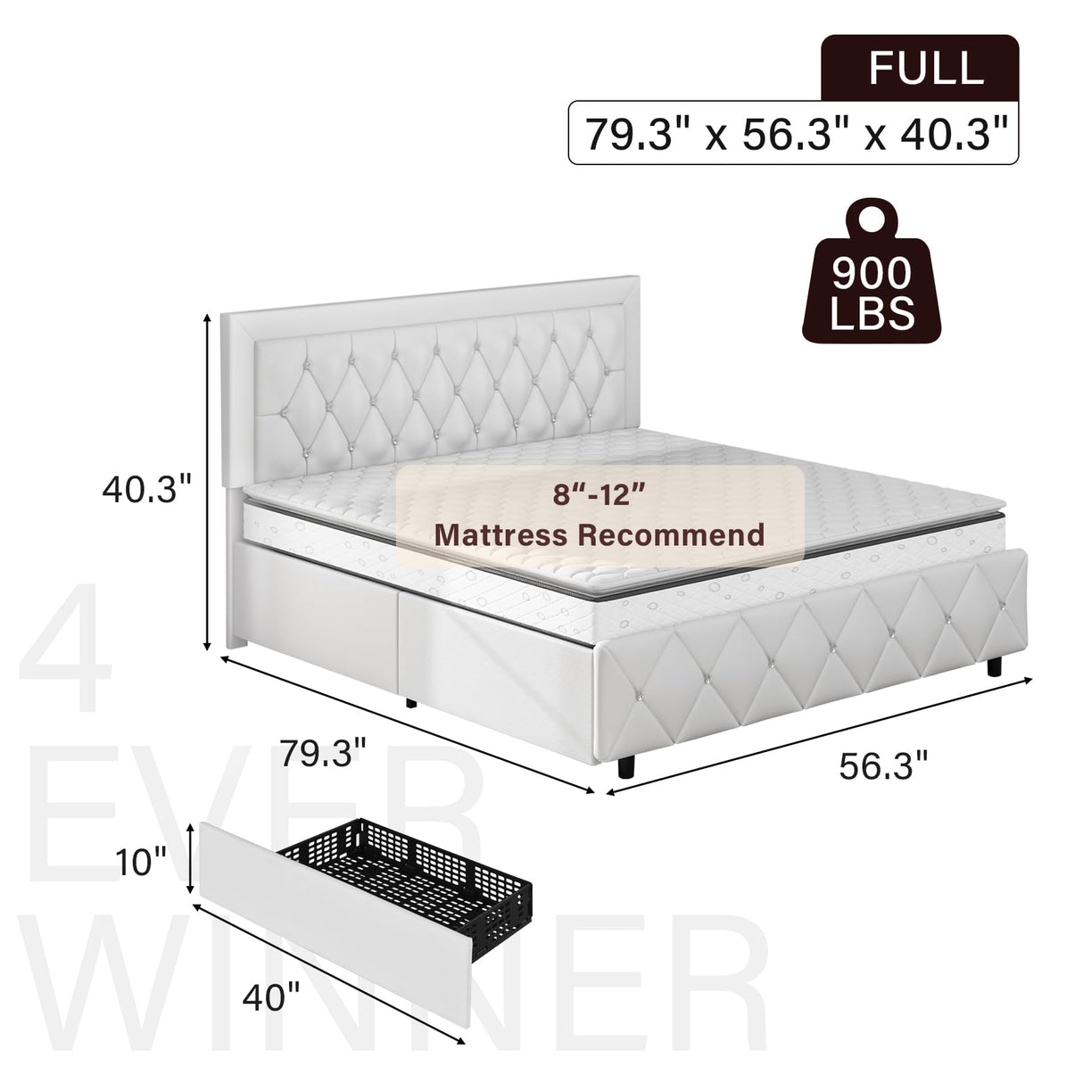 White Full Size Bed Frame with 4 Storage Drawers, Modern Leather Bed with Tufted