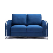 Wiena 59 Inch Loveseat, Velvet Upholstery, Solid Pine Wood, Blue and Chrome