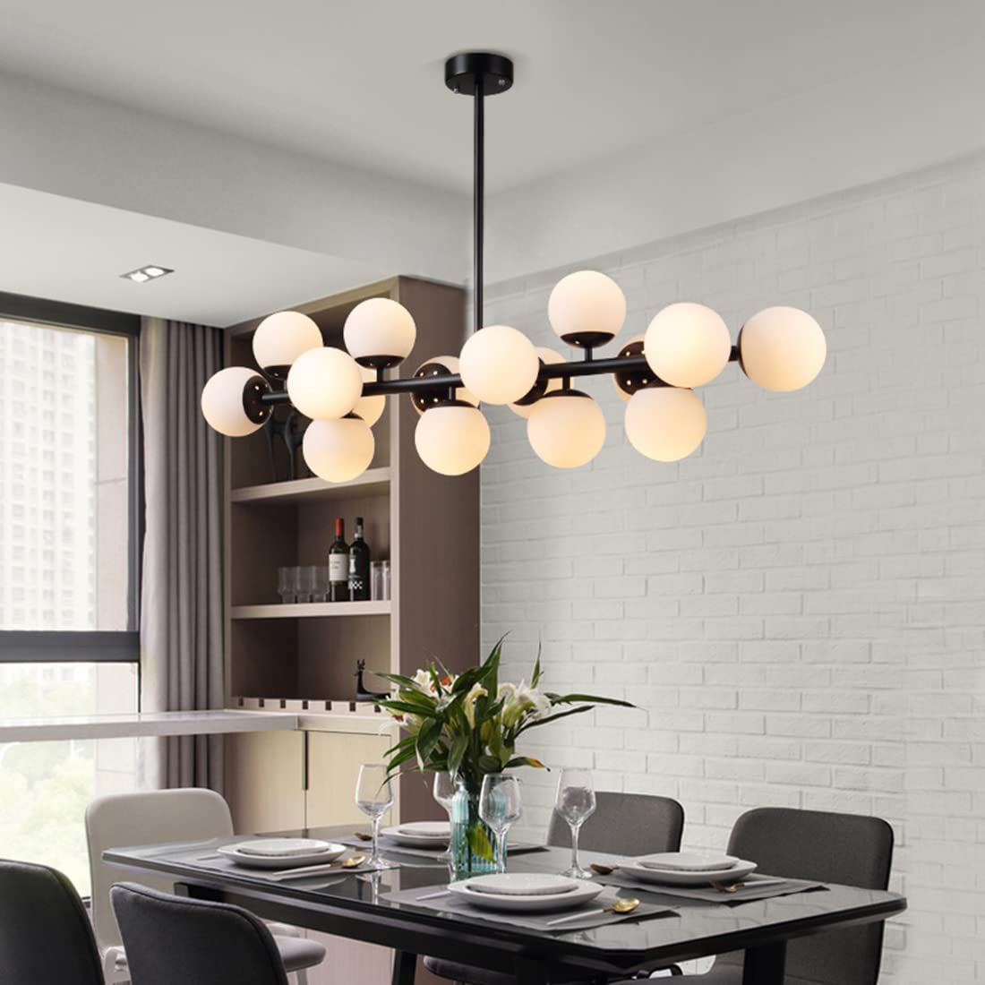 Glass Chandelier Lighting 16-Light Black Linear Island Pendant Light