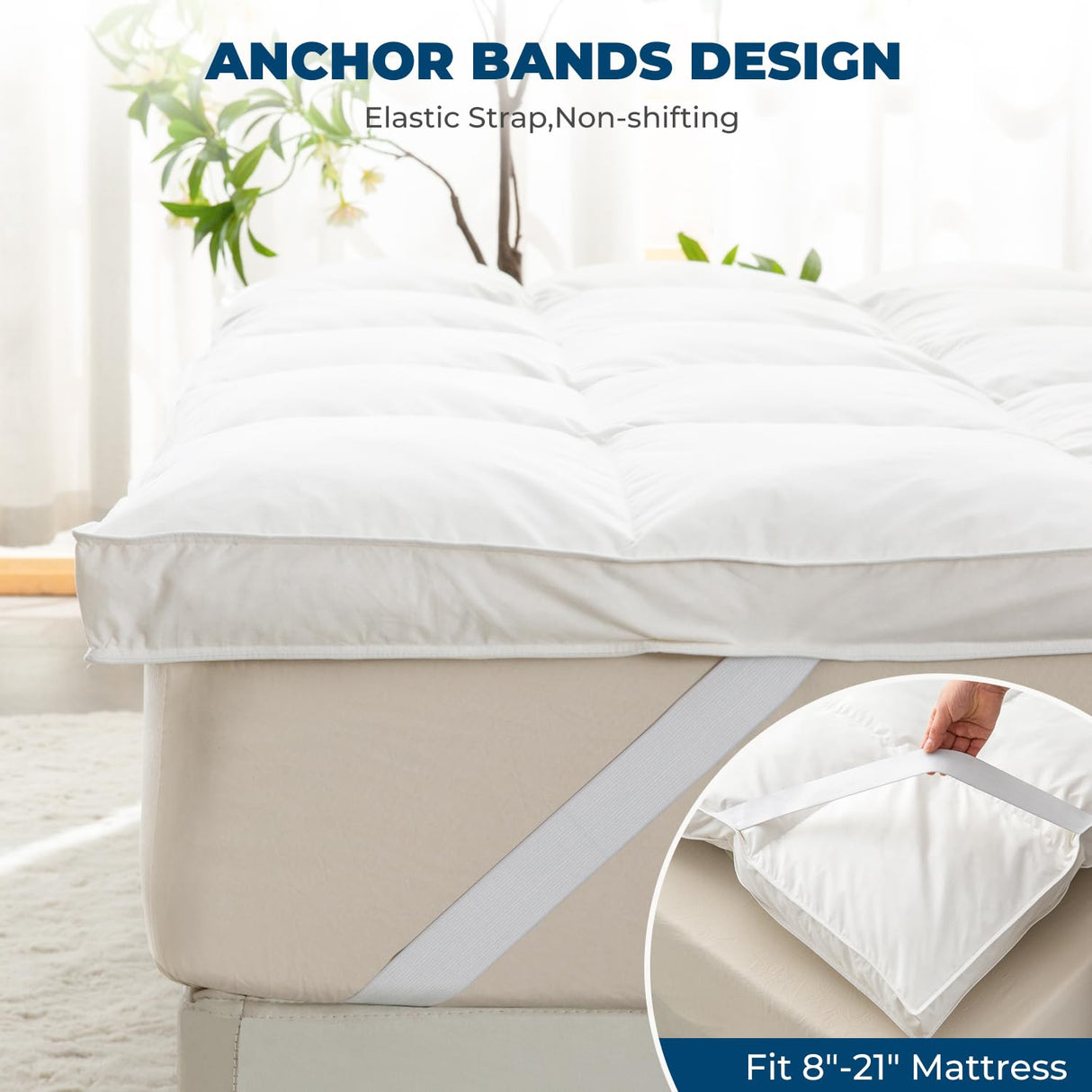 Down Feather Bed Mattress Topper,Down Matress Topper Cover with Straps