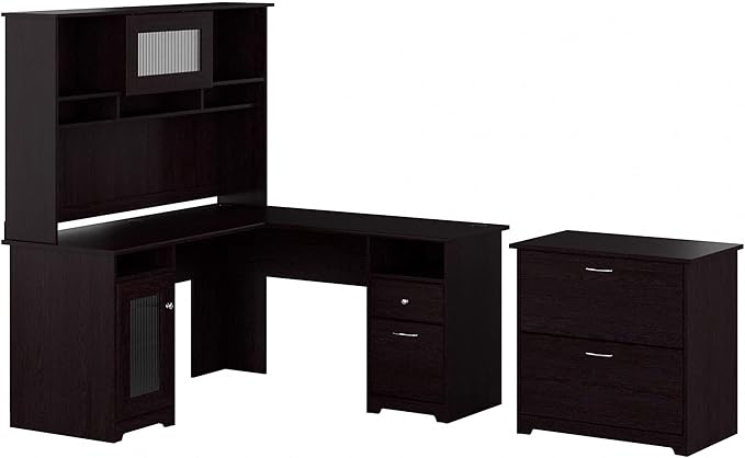 Cabot 60W L Shaped Computer Desk with Hutch and Lateral File Cabinet in Reclaimed