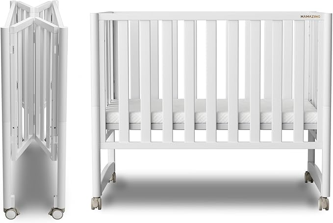 EvoNook 6-in-1 Convertible Mini Crib - Easy Assembly, Portable Folding Baby Mini Crib with Wheels, 100% New Zealand Pinewood, 4 Adjustable Mattress Heights, Washed Nature with Wheels