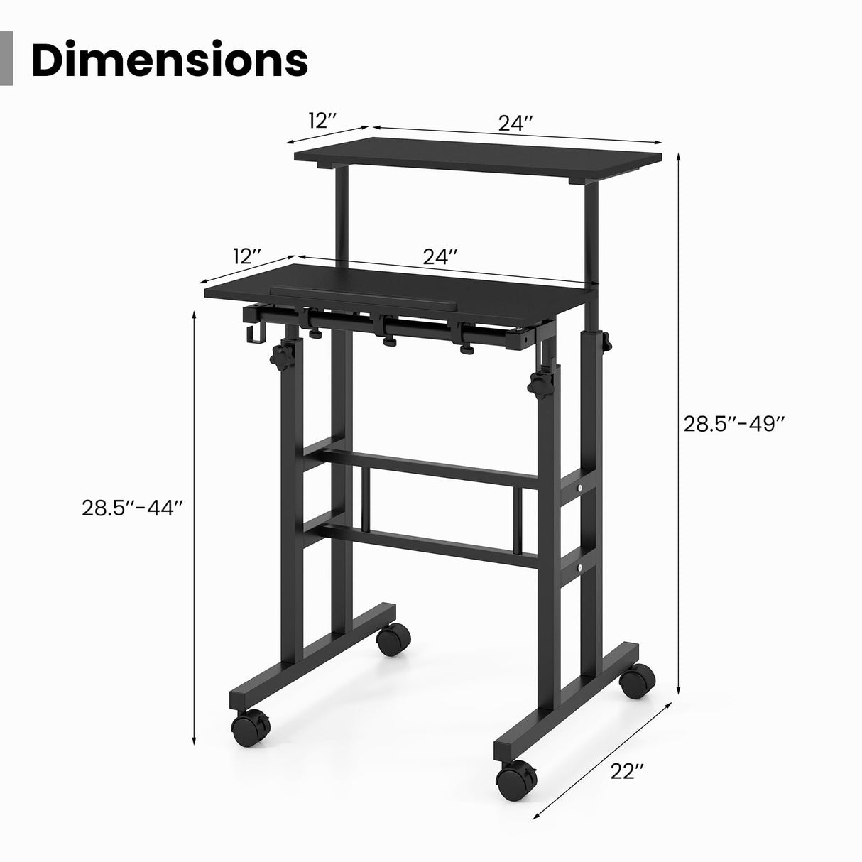 Mobile Standing Desk, Height-Adjustable Laptop Podium Cart with Tilting Tabletop & Adjustable Angle, Rolling Stand Up Computer Desk with 2 Hanging Hooks & Lockable Casters for Home Office