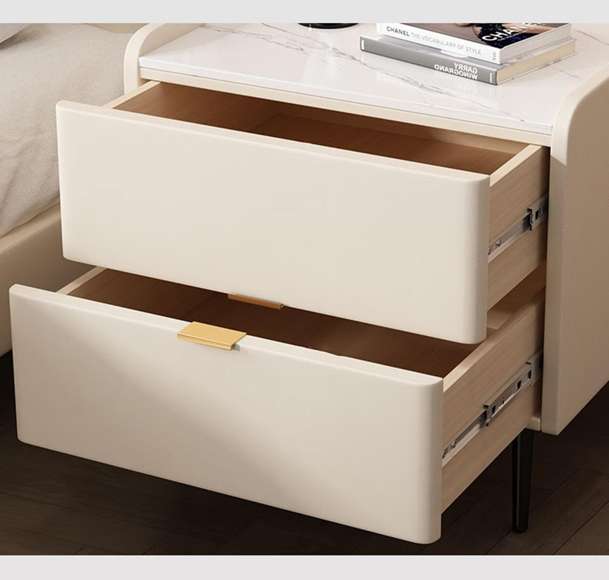 Style Solid Wood Rock Board Bedside Cabinet, Leather Bedroom Bedside Cabinet