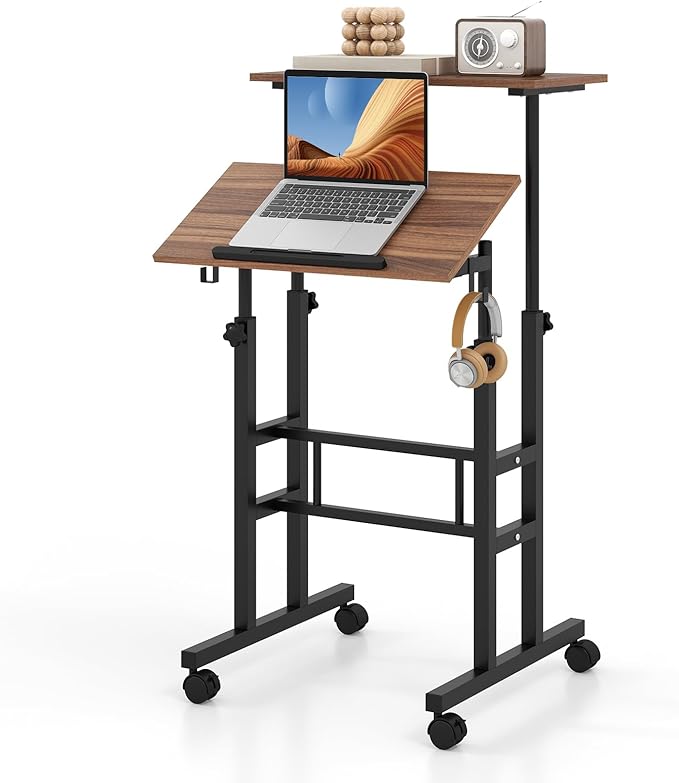 Mobile Standing Desk, Height-Adjustable Laptop Podium Cart with Tilting Tabletop & Adjustable Angle, Rolling Stand Up Computer Desk with 2 Hanging Hooks & Lockable Casters for Home Office