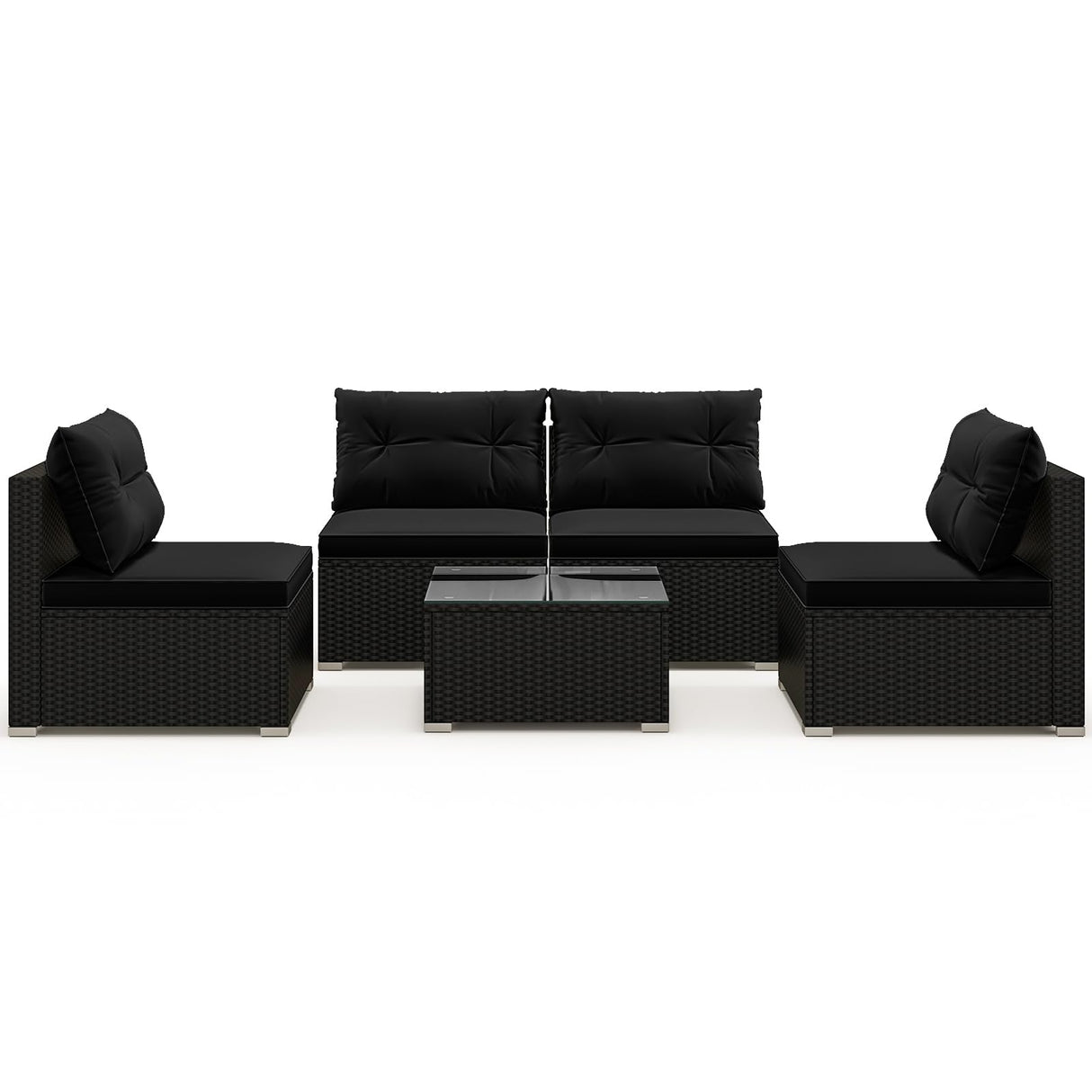 5-Piece Outdoor Patio Furniture Set, Rattan Sectional Sofa Set w/Glass-Top Coffee Table