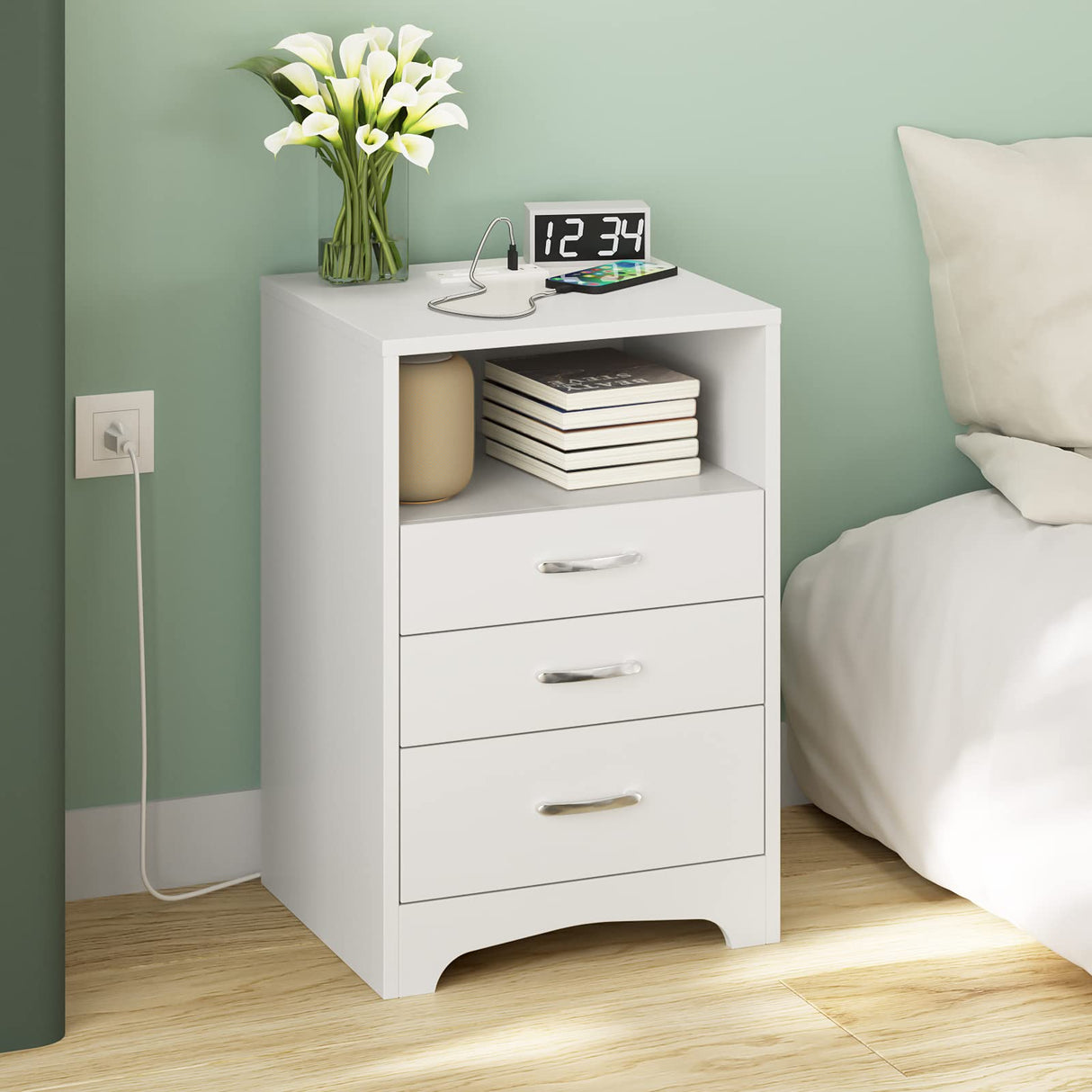 White Nightstand with Charging Station, Modern End Side Table with 3 Drawers, Wooden