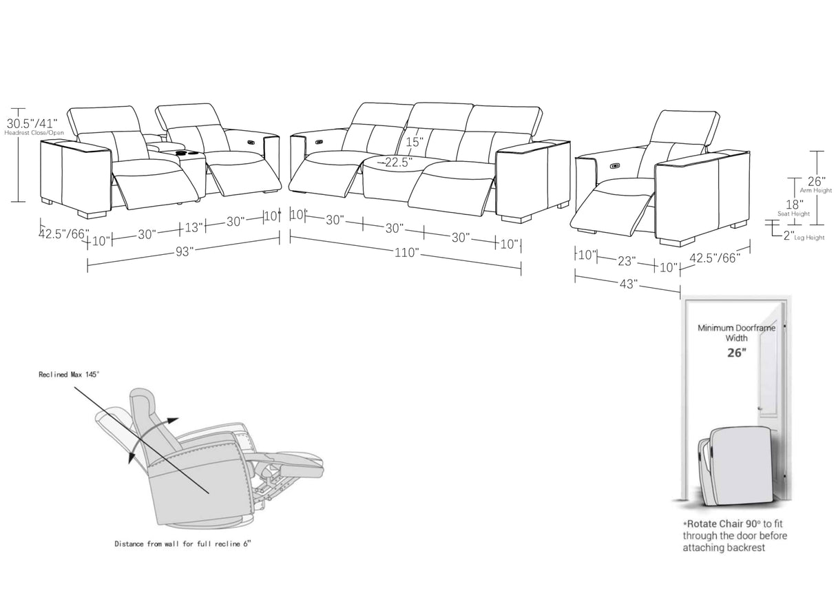 Umbria 3 Piece Power Recliner Sofa Set | Couch, Loveseat and Chair