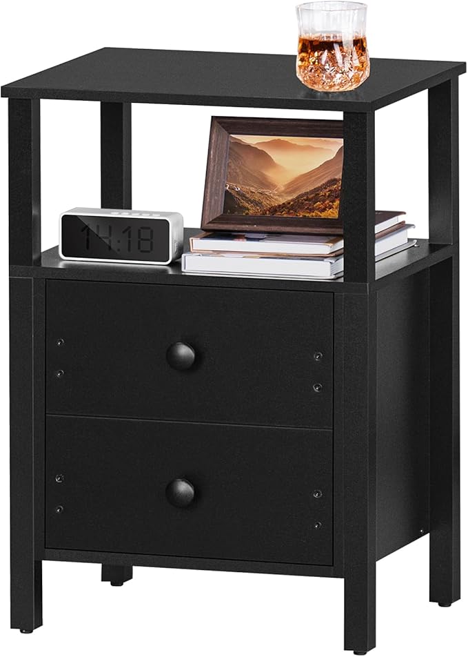 White Night Stand, Small Nightstand with 2 Wood Drawers and Storage Shelf, Modern