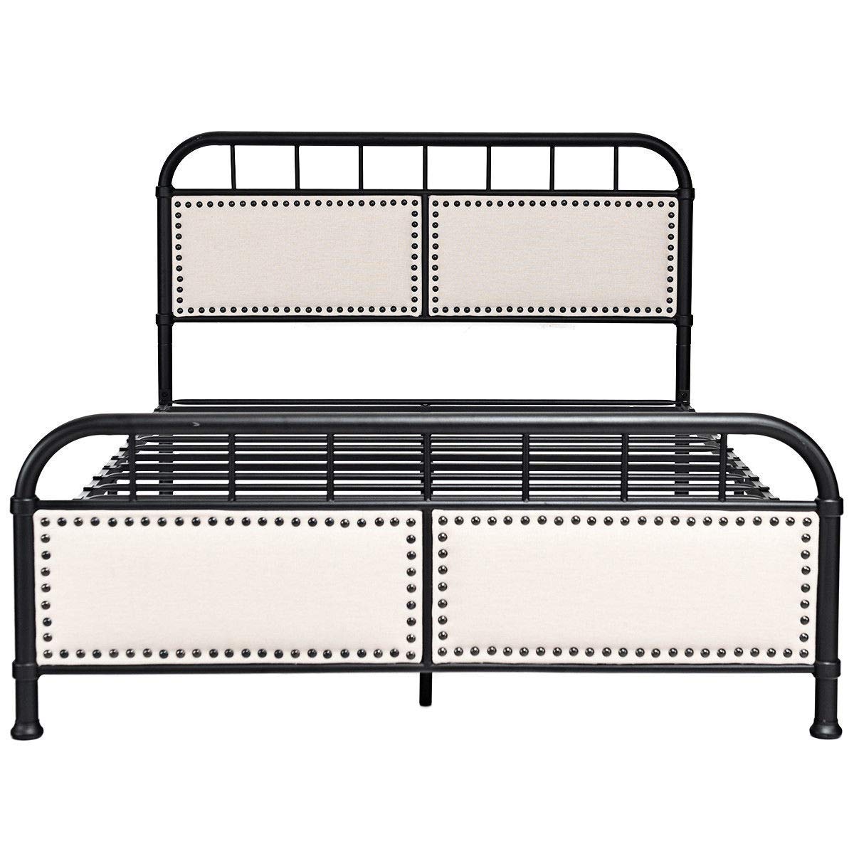 Metal Bed Frame, Full Size Bed Platform with Comfortable Upholstered Headboard