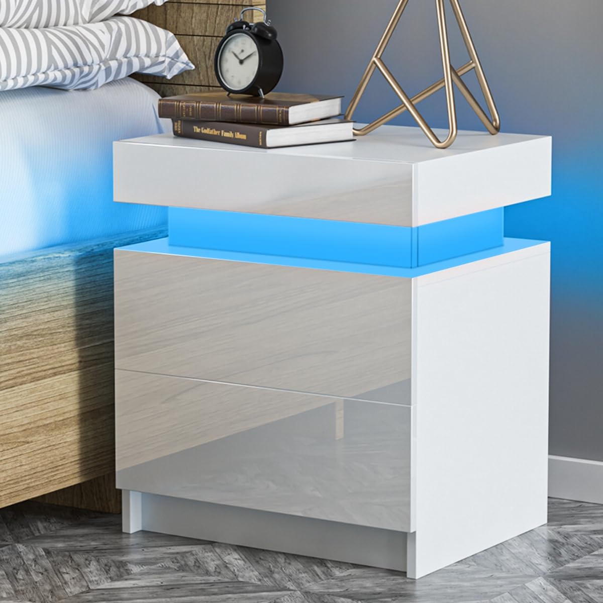 LED Nightstand White Nightstand with Led Lights Modern Night Stand with 2 High Gloss