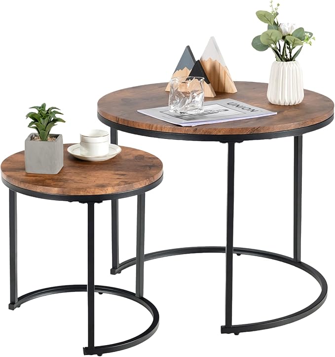 Nesting Coffee Table, 24”Round Coffee Table, Industrial Side Table w/Wood Tabletop