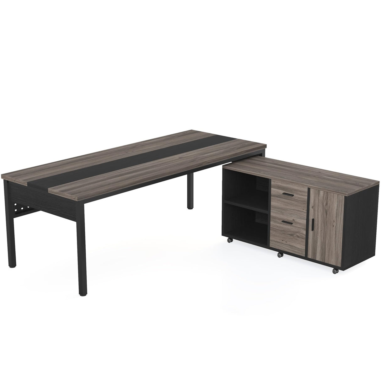 70.8" Executive Desk with Lateral File Cabinet, Modern Thickened Wooden Workstation L-Shaped Computer Desk Large Home Office Writing Desk for Home Office