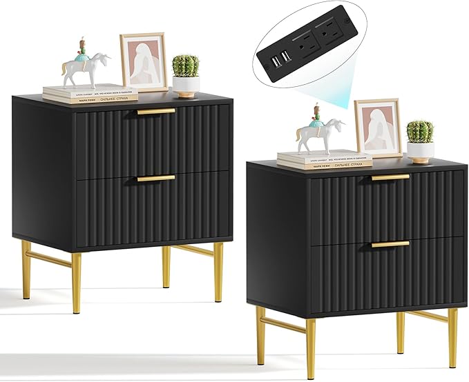 Black Nightstand Set of 2 with Charging Station, Fluted Nightstand with Drawers