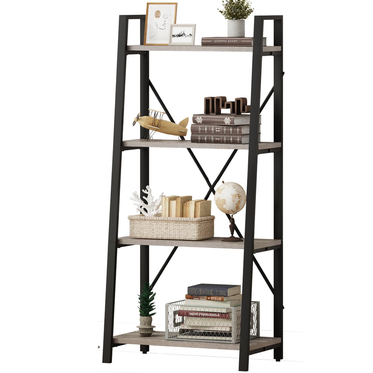 Rustic Ladder Bookshelf, 4 Tier Industrial Ladder Shelf Bookcase