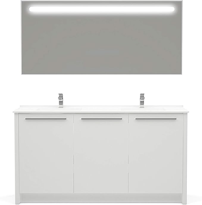 63 inch Wood Double Sink Bathroom Vanity in White | Pre-Assembled | Acrylic Countertop