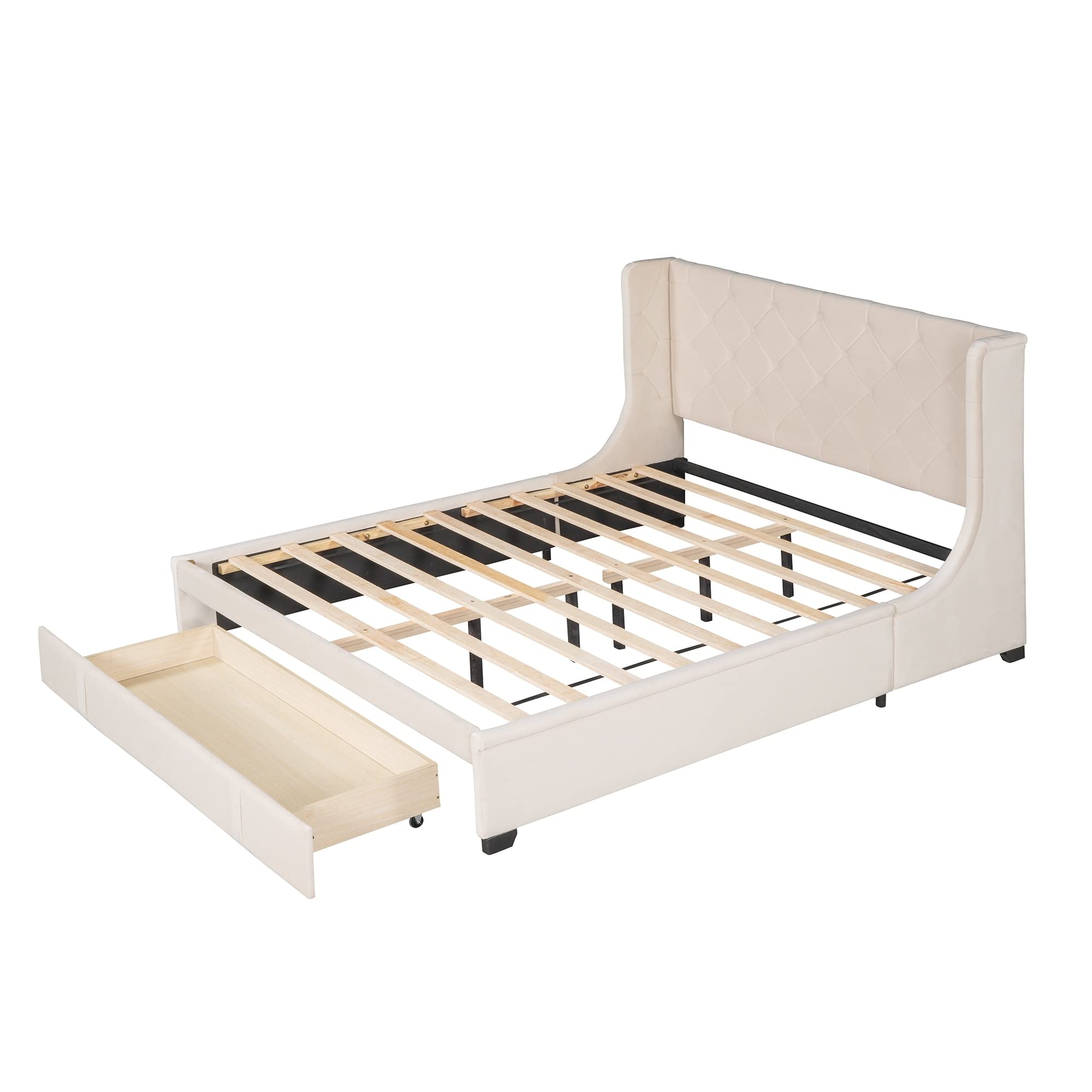 Queen Size and Velvet Upholstered Platform Bed Beige