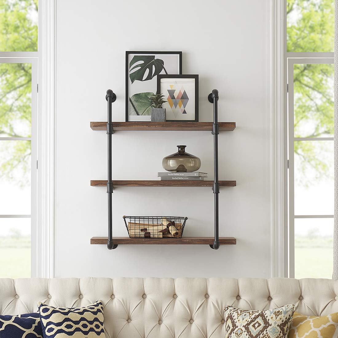 Decorative Floating 3-Tier Wall Mounted Hanging Pipe Shelves - Rustic