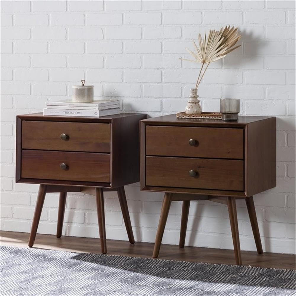 Ellwood Mid-Century Modern 2-Piece Solid Wood 2-Drawer Nightstand Set, 2 Pack