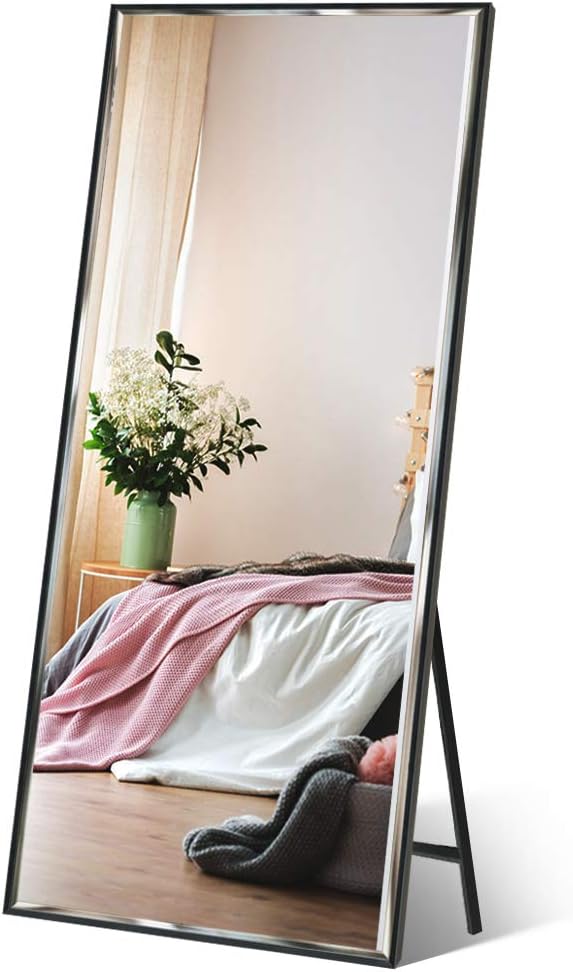 Full Length Mirror 55"x16" Standing or Wall Hanging, Vertical Black Frame HD Rectangle