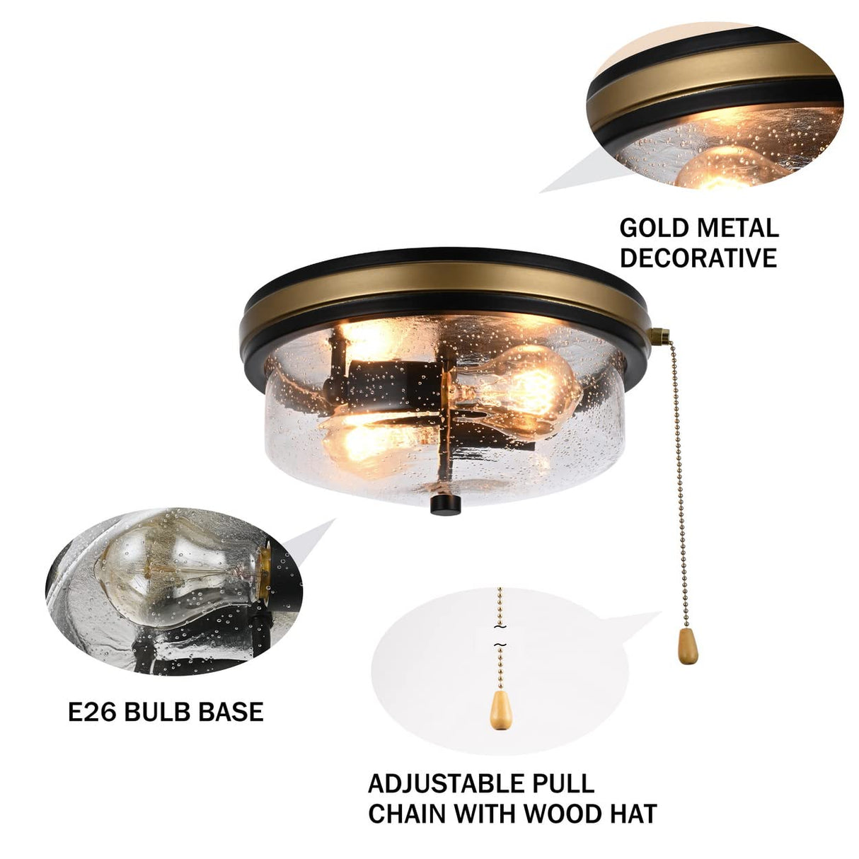 Industrial Farmhouse Flush Mount Ceiling Light with Seeded Glass