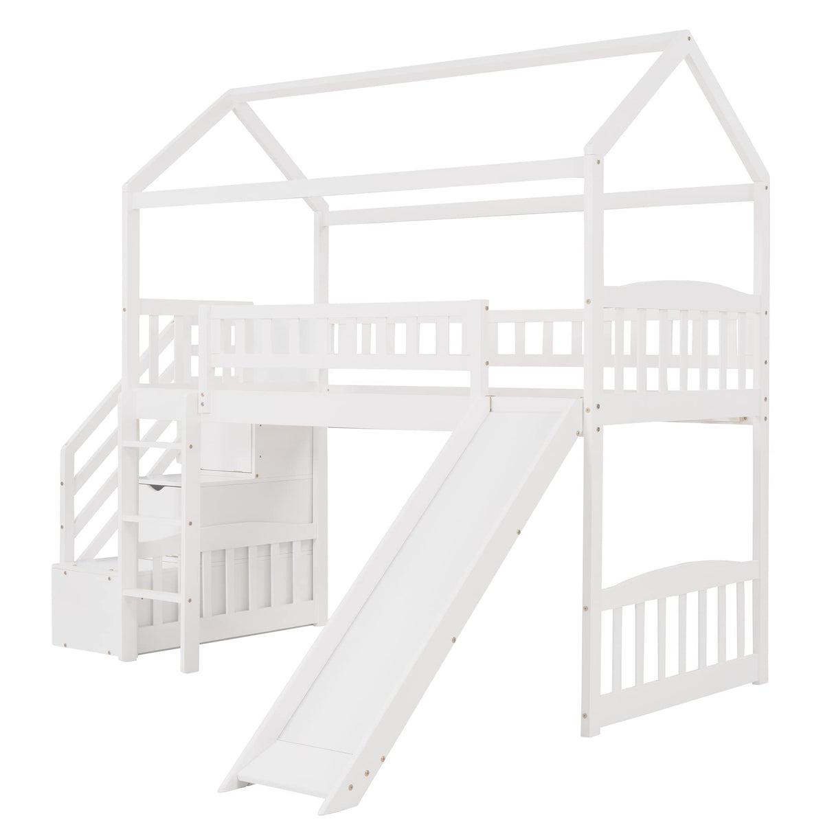 House Bed Loft Bed with Slide, Twin Loft Bed with Stairs and Storage