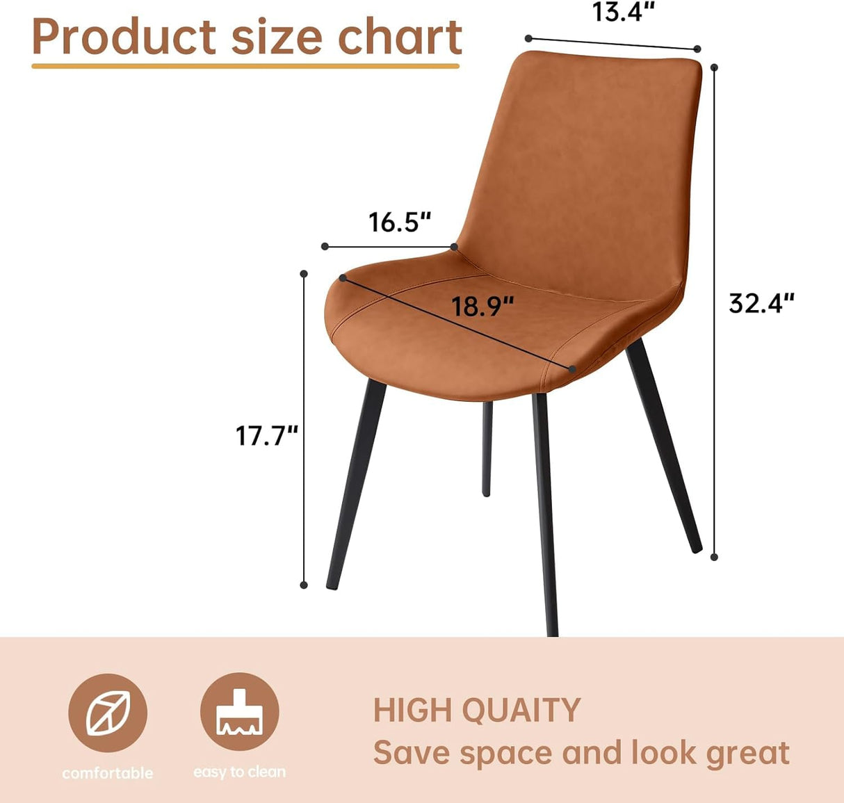 Modern Dining Chairs Set of 4 - Brown Faux Leather Upholstered with Metal Legs