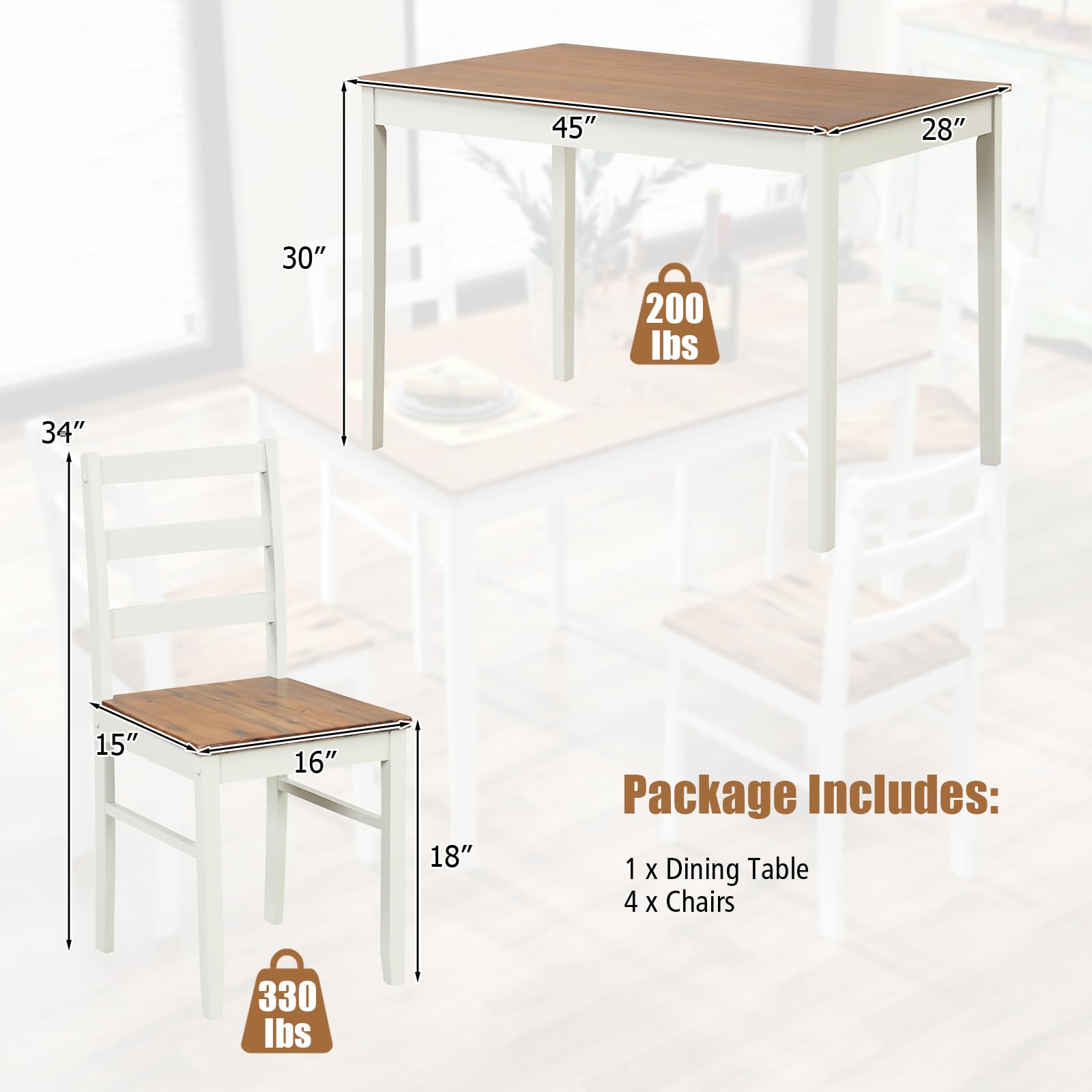 Set for 4, Solid Wood, Farmhouse Dinette Set w/Rubber Wood Legs, Mid-Century Modern
