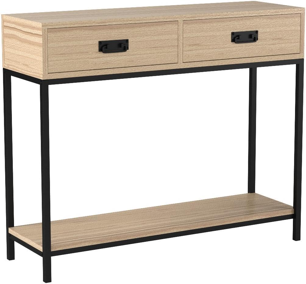 Oak Wood Console Table with 2 Drawers, Hallway Foyer Table with Storage Shelves