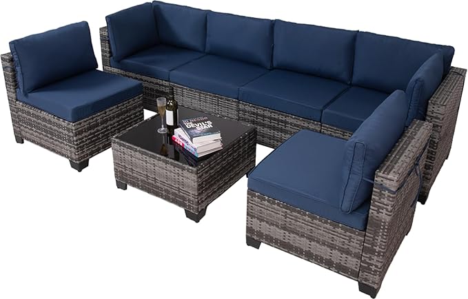 7 Pieces Wicker Patio Furniture Set, Outdoor Sectional Rattan Sofa with Waterproof