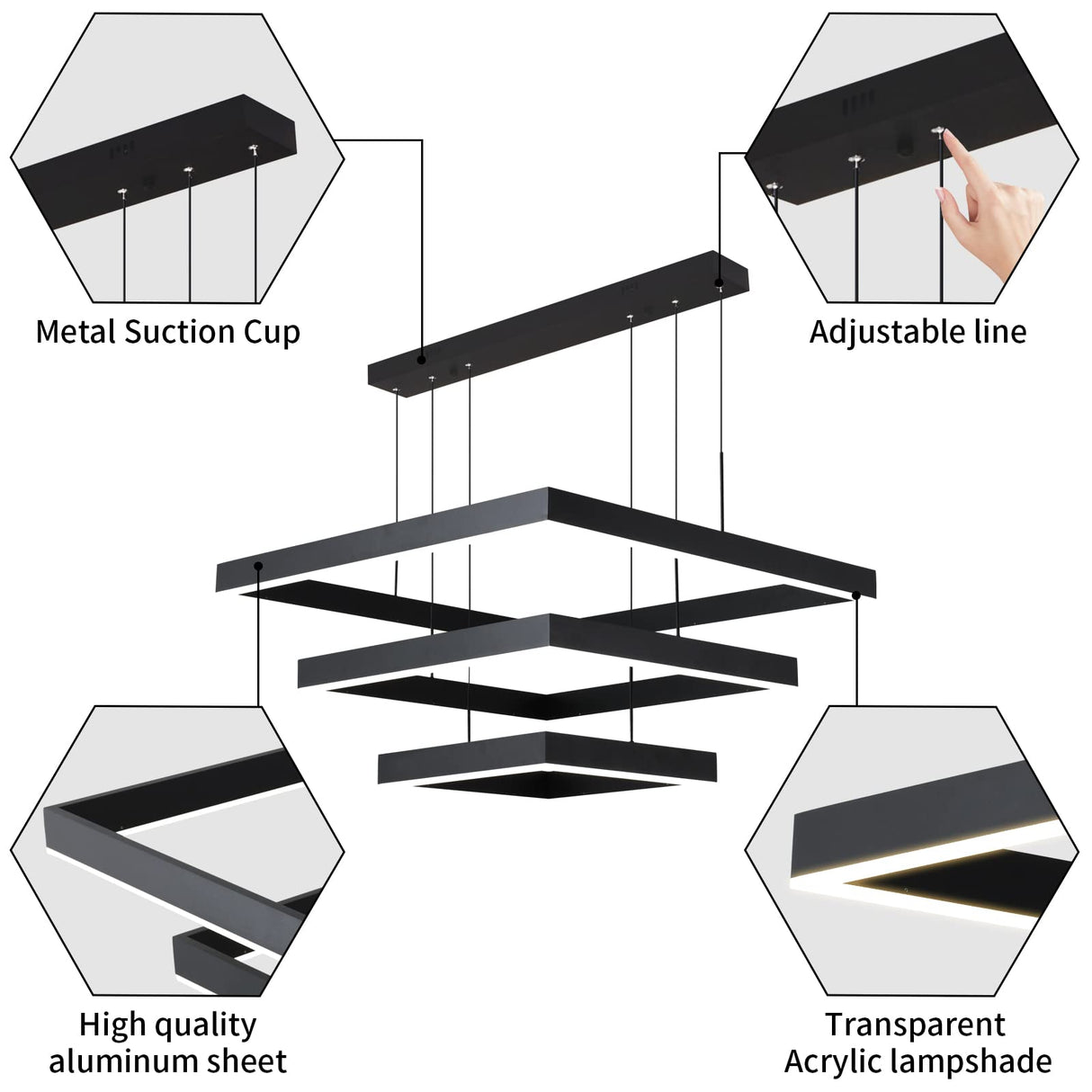 LED Chandelier, 3 Ring Dimmable Square Chandelier for Living Dining Room,Bedroom,