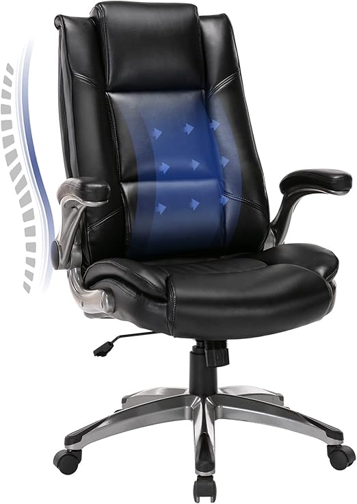 Leather Executive Office Chair - High Back Ergonomic Desk Chair with Flip-Up Arms