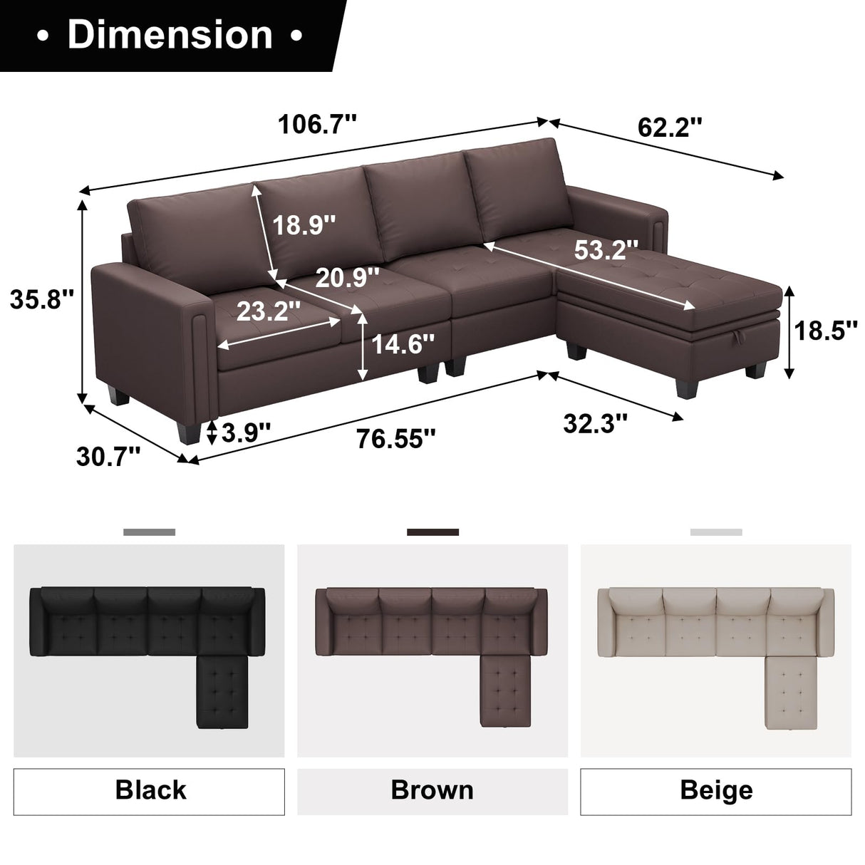 Belffin Faux Leather Convertible Sectional Sofa Couch L Shaped Couch Sofa with Reversible Chaise Leather Corner Sectional 4 Seat Sofa with Storage Ottoman Brown