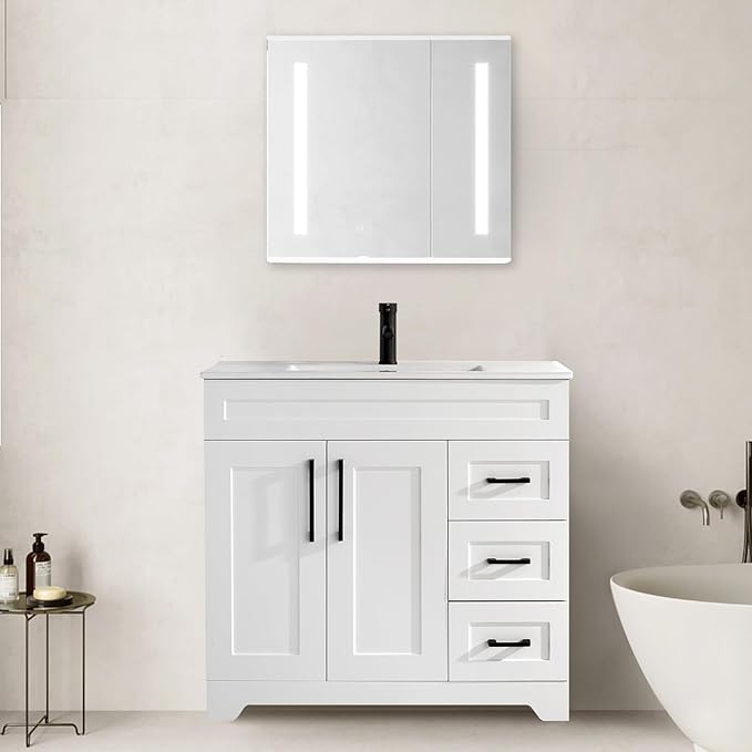 36ā Luxurious Bathroom Vanity with Ceramic Sink Combo, White Bathroom Cabinet